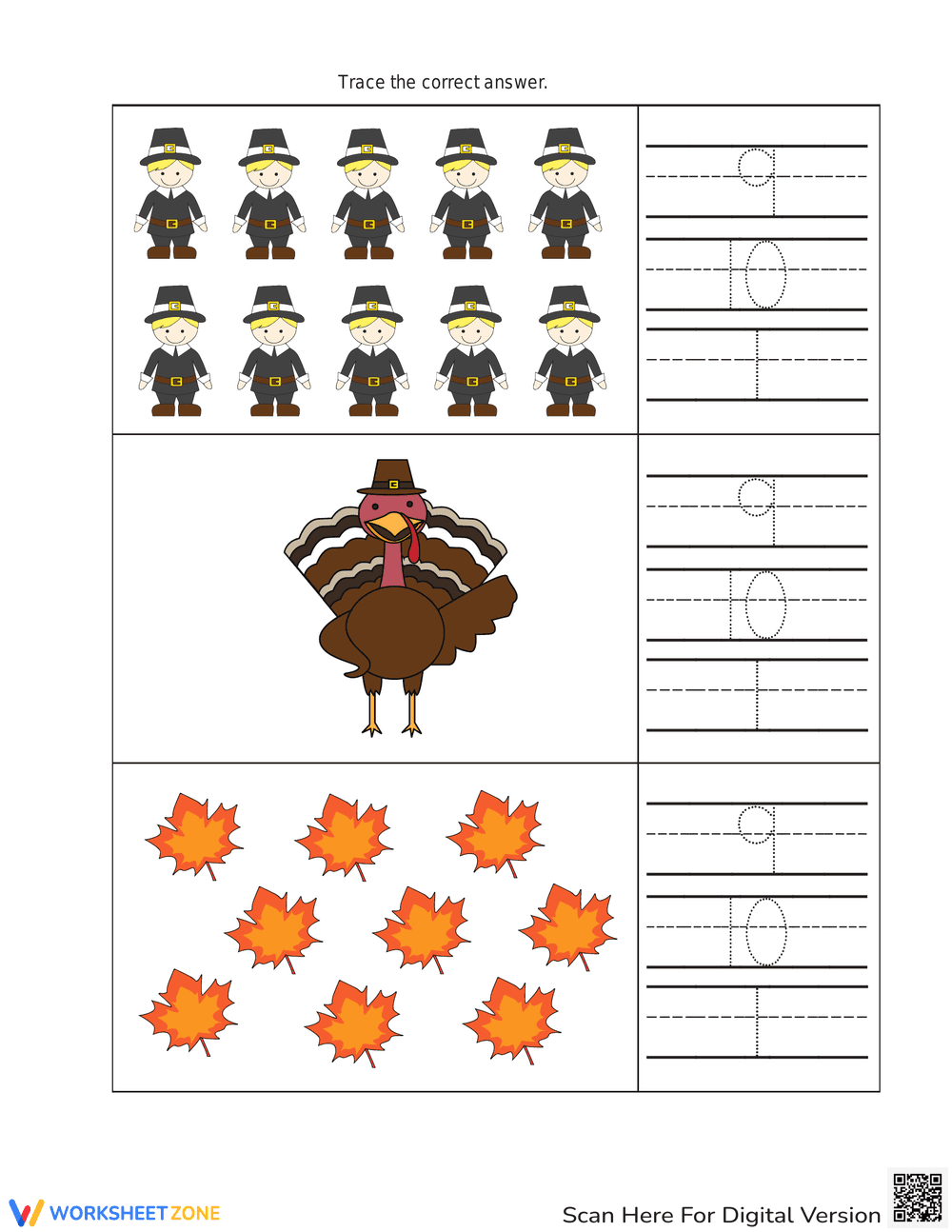 Thanksgiving Counting and Tracing Worksheet - Page 1