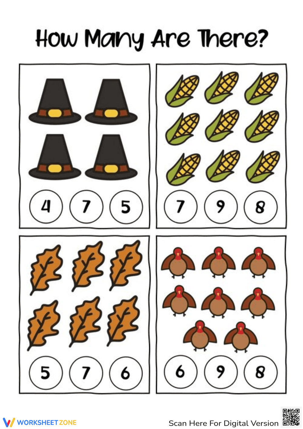 Thanksgiving Counting Math Worksheet - Page 1