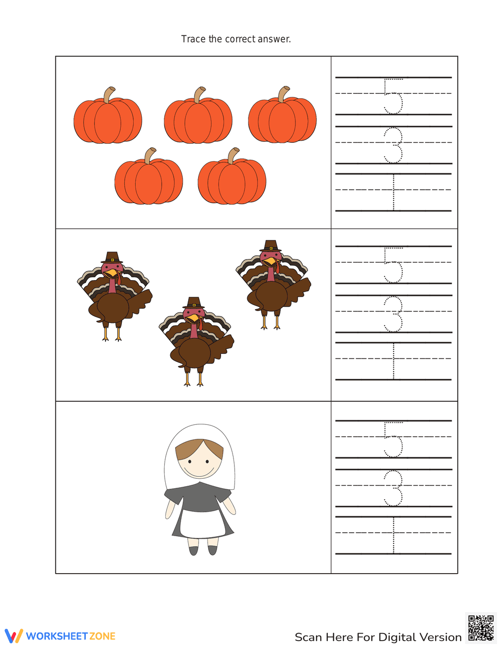 Thanksgiving Counting and Tracing Worksheet for Preschoolers - Page 1