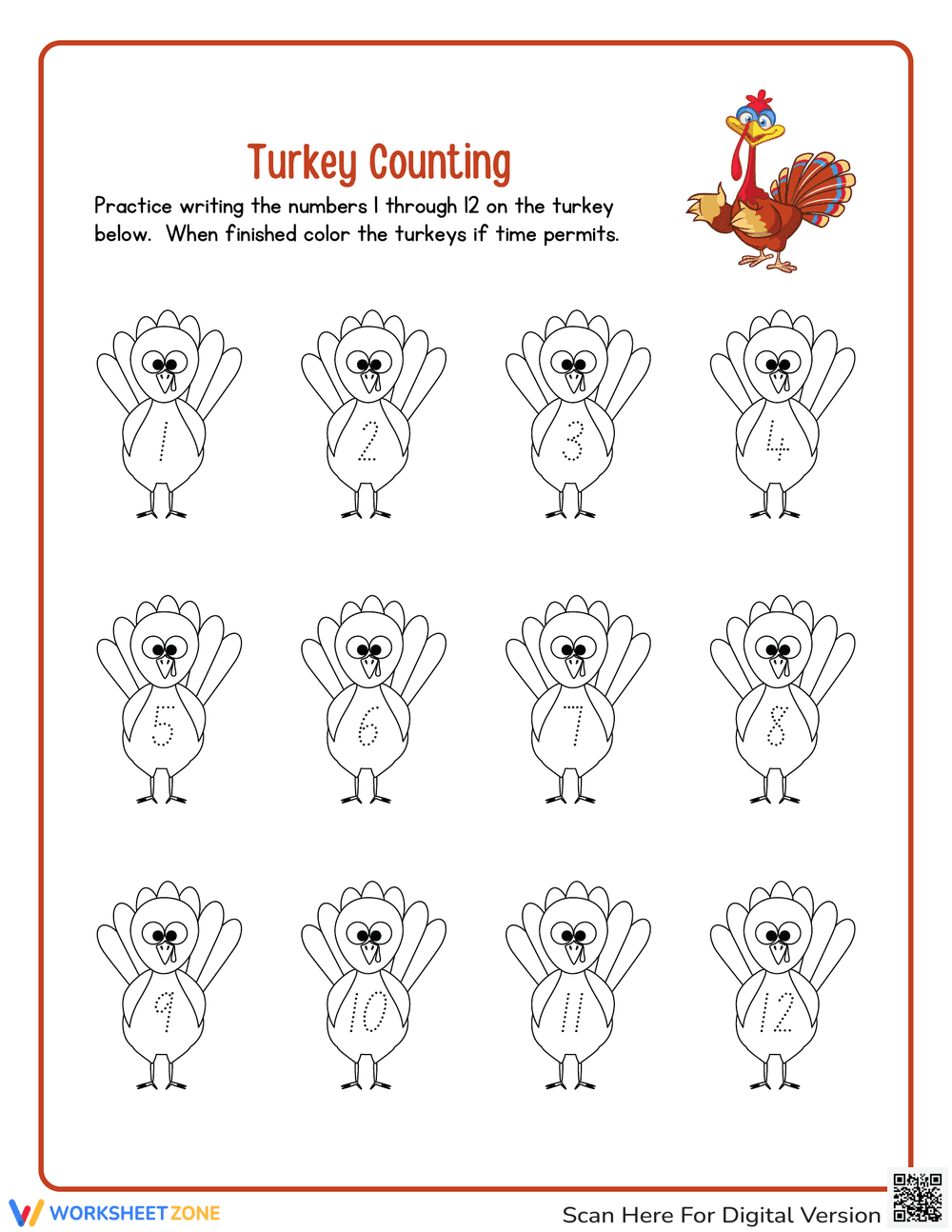 Turkey Counting and Coloring Worksheet - Page 1