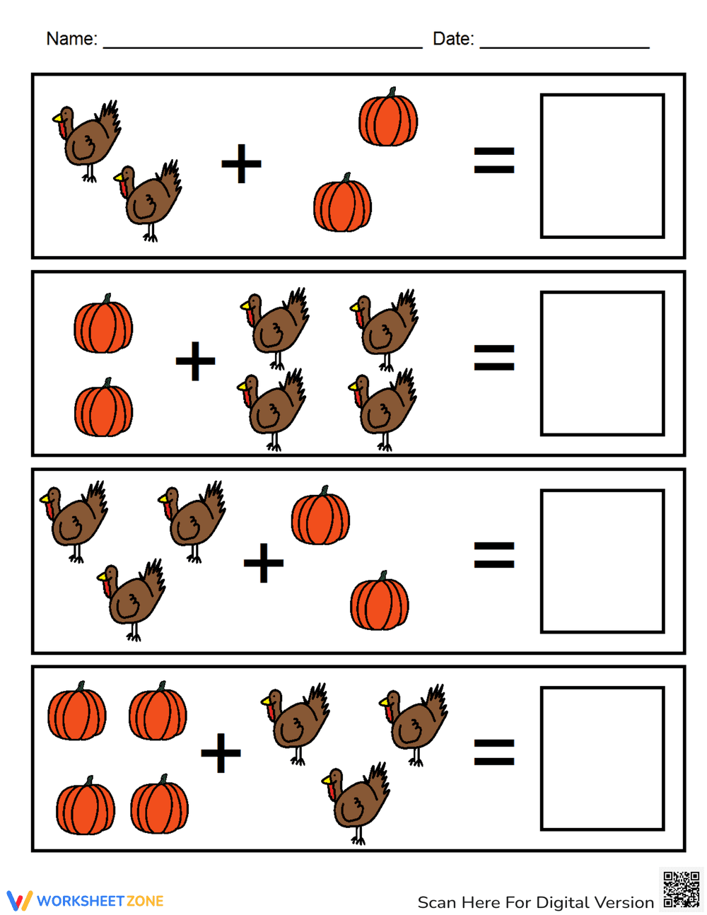 Thanksgiving Visual Addition Worksheet - Page 1