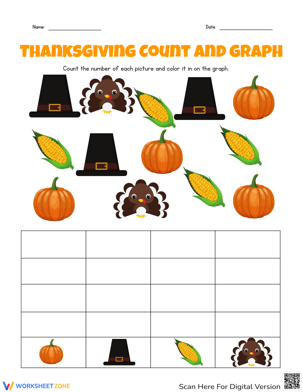 Thanksgiving Count and Graph Worksheet - Page 1