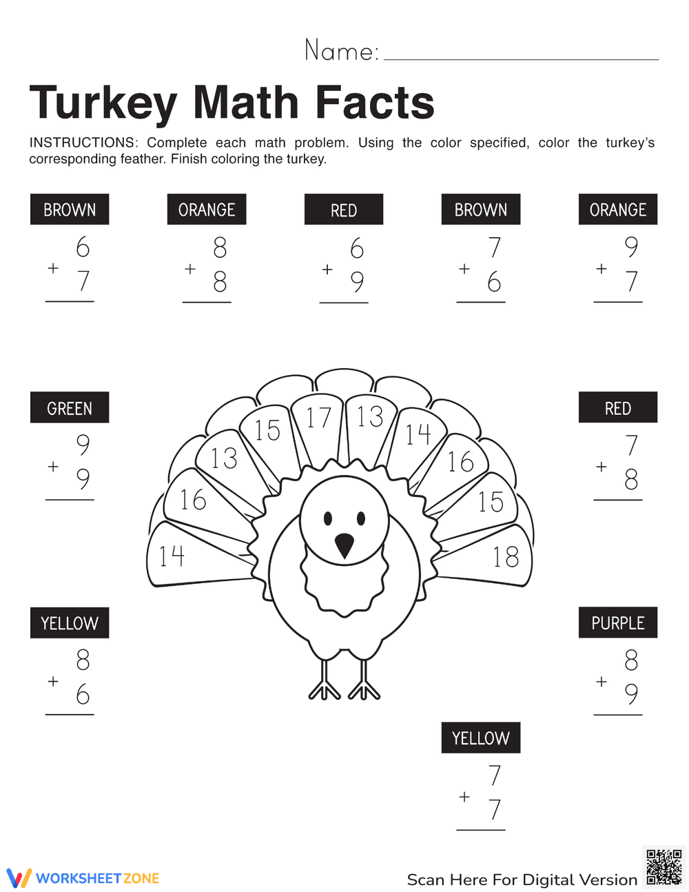 Turkey Math Facts Worksheet | Grade 1 Essential - Page 1