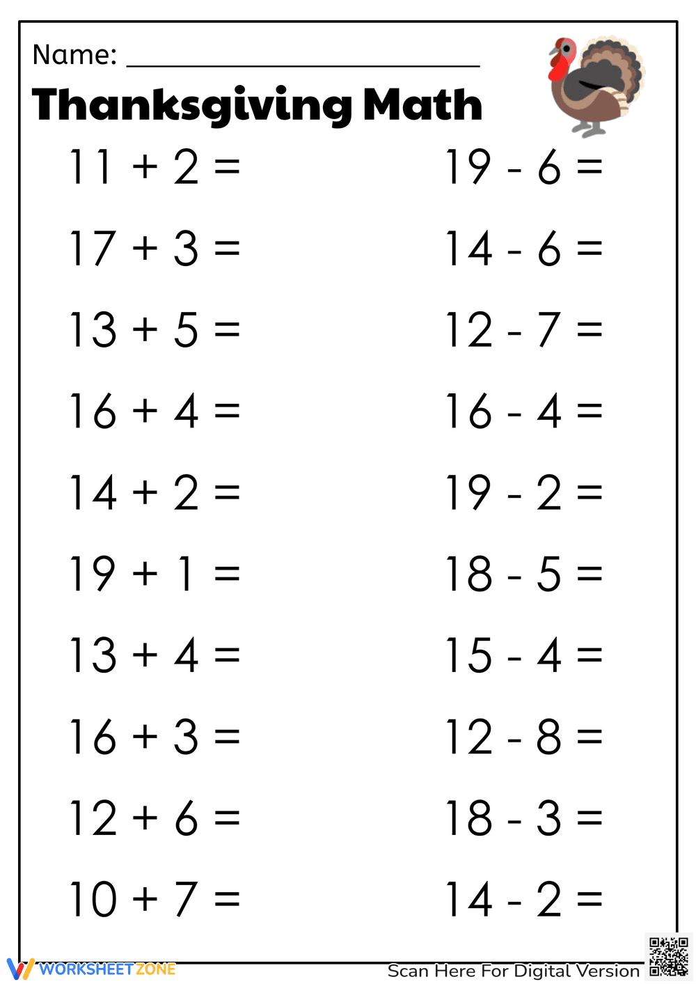 Thanksgiving Math Addition Worksheet - Page 1