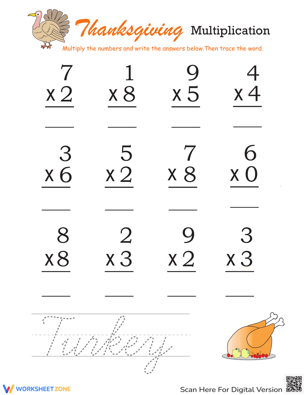 Thanksgiving Multiplication Worksheet - Turkey Theme - Page 1