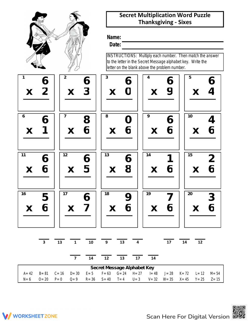 Thanksgiving Multiplication Word Puzzle - Page 1