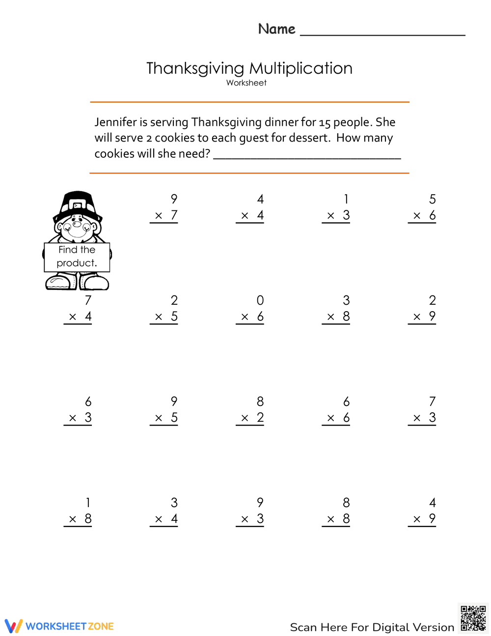 Thanksgiving Multiplication Worksheet Practice - Page 1