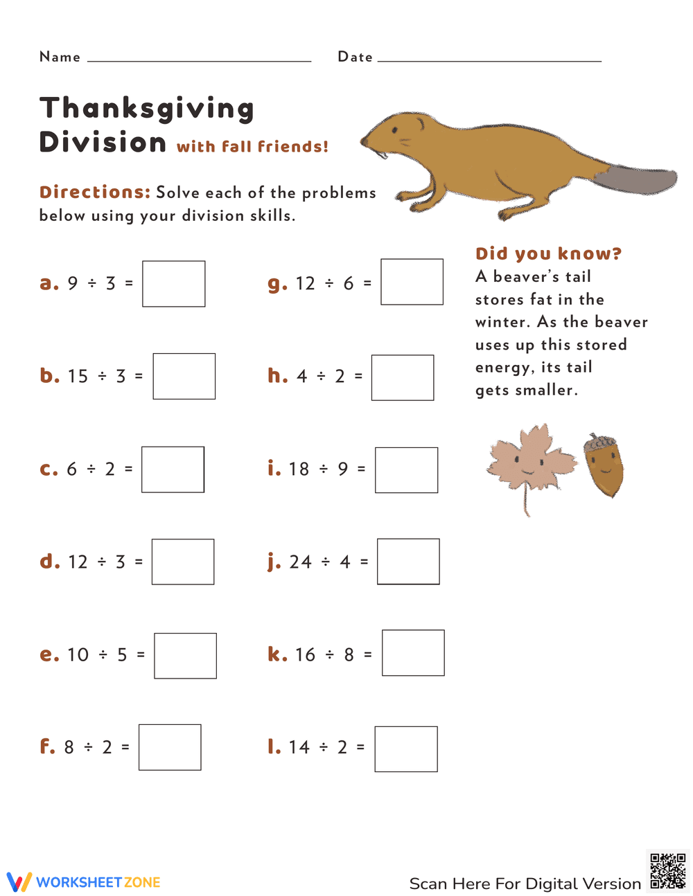 Thanksgiving Division Worksheet Practice - Page 1