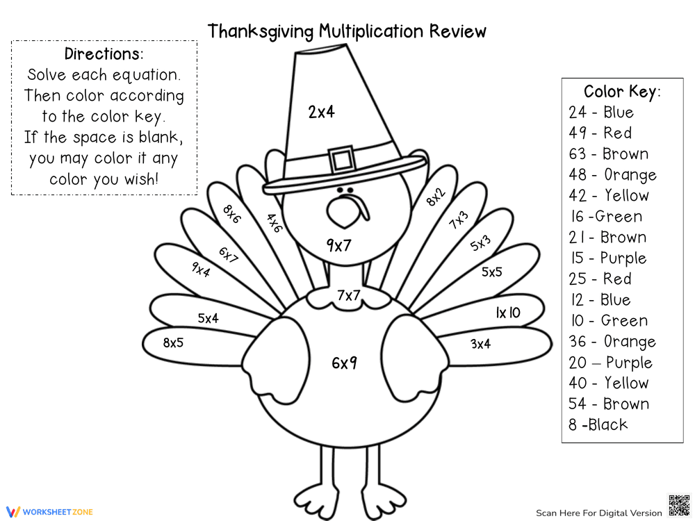 Thanksgiving Multiplication Review Worksheet - Page 1