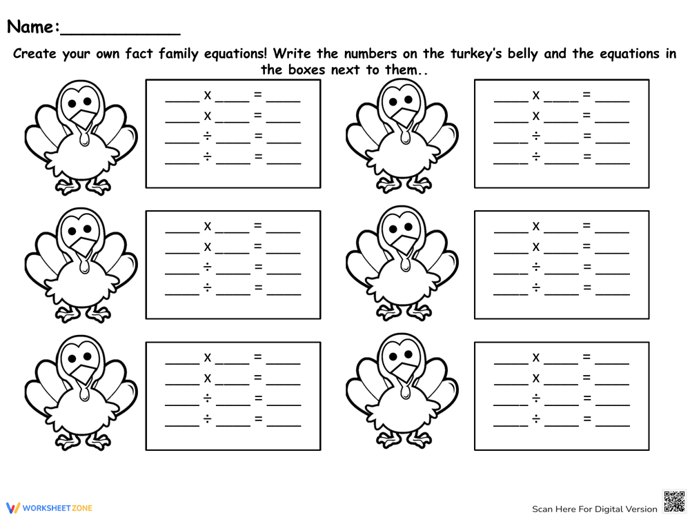 Grade 3-5 Turkey Fact Families - Printable No-Prep Worksheet - Page 1