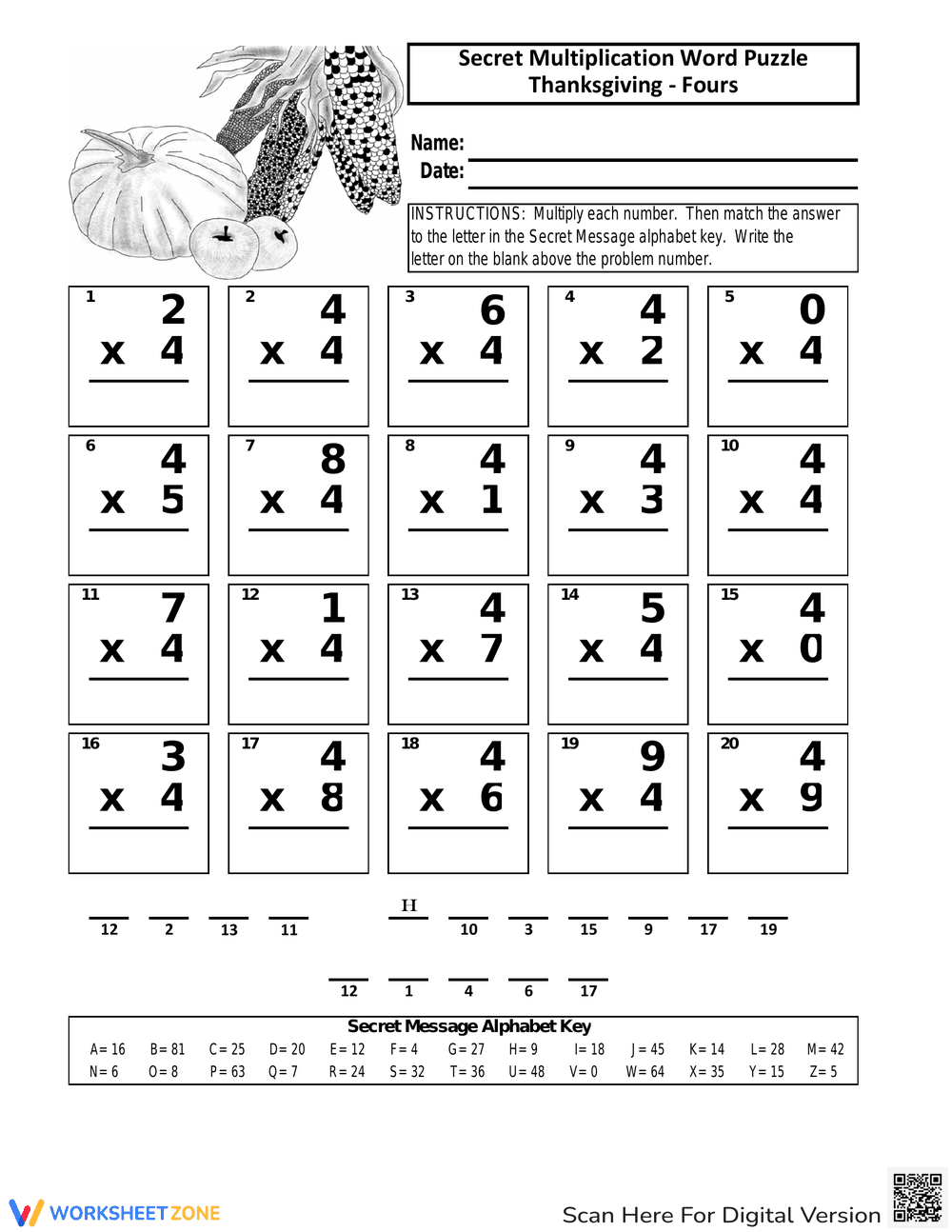 Thanksgiving Multiplication Word Puzzle Fun - Page 1