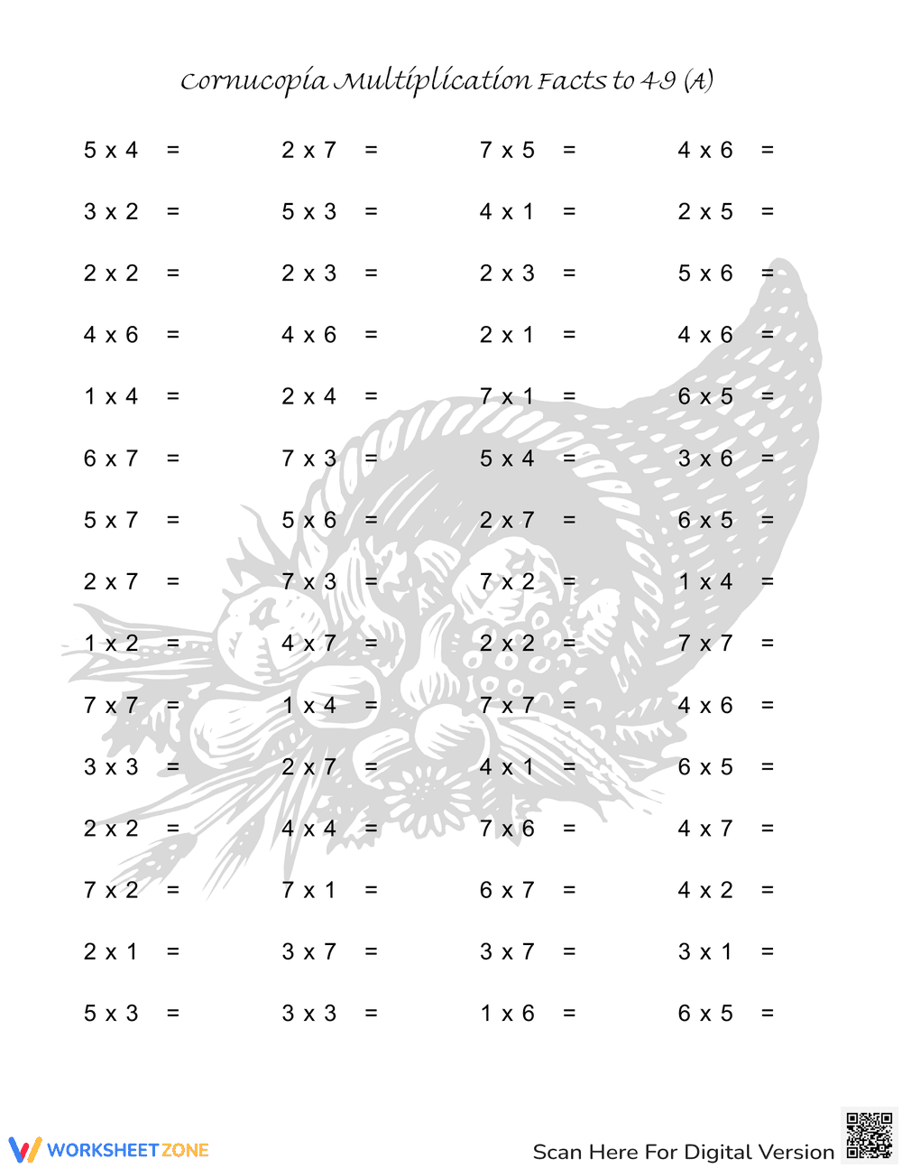 Cornucopia Multiplication Worksheet - Page 1