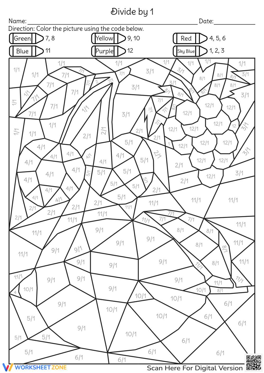 Thanksgiving Division Facts — Printable Coloring Worksheet - Page 1