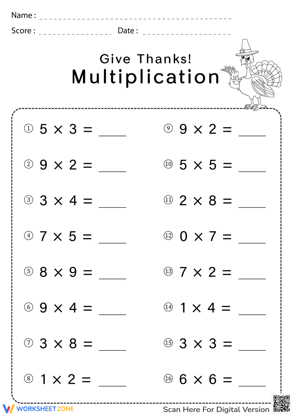 Give Thanks Multiplication Worksheet - Page 1