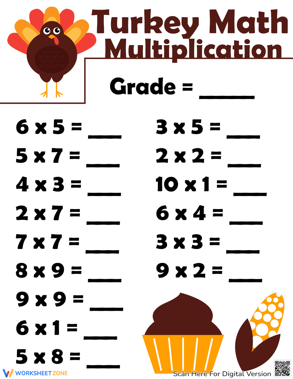 Fun Turkey Multiplication Worksheet for Thanksgiving - Page 1