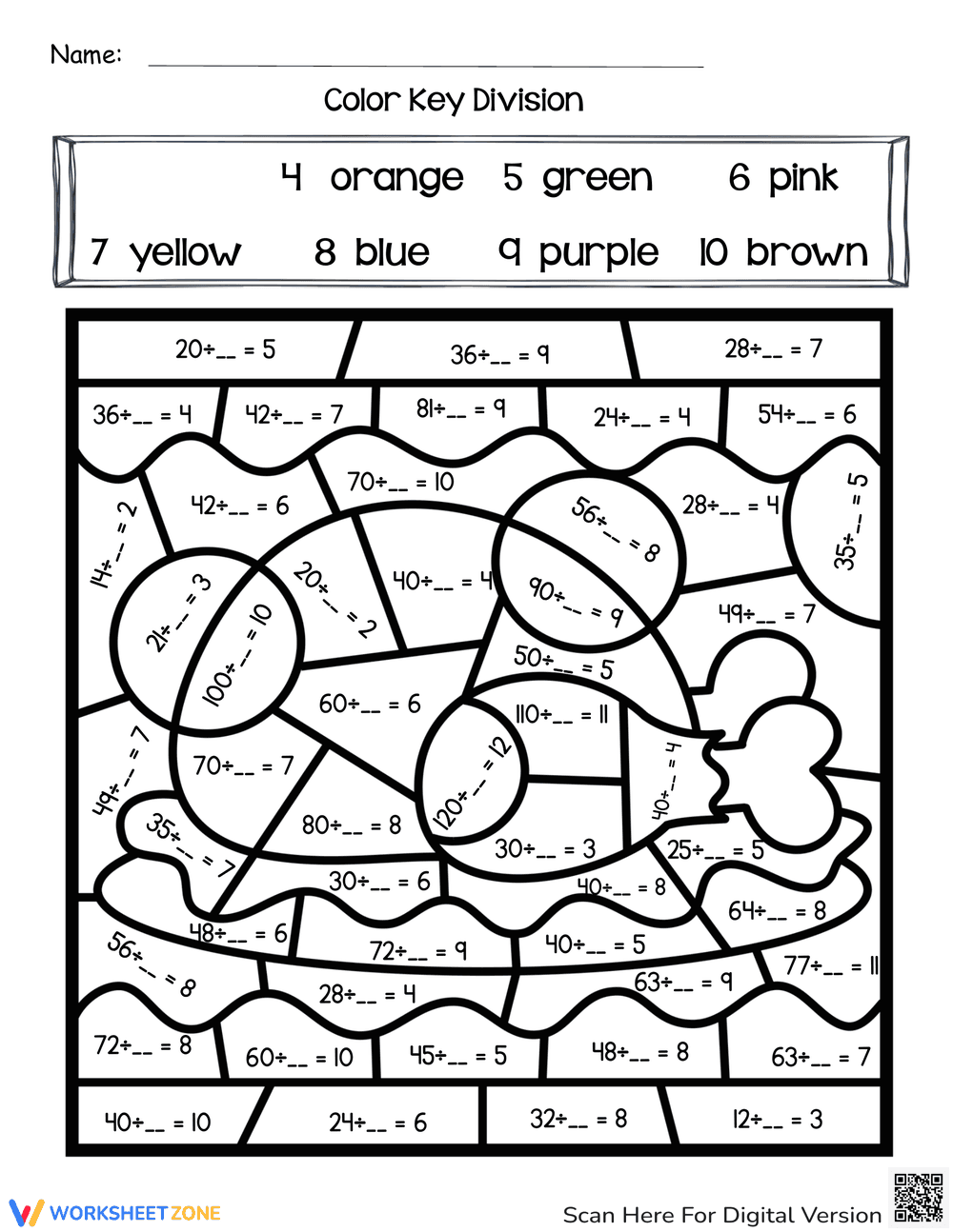 Solve Thanksgiving Division Problems with Color Key - Page 1