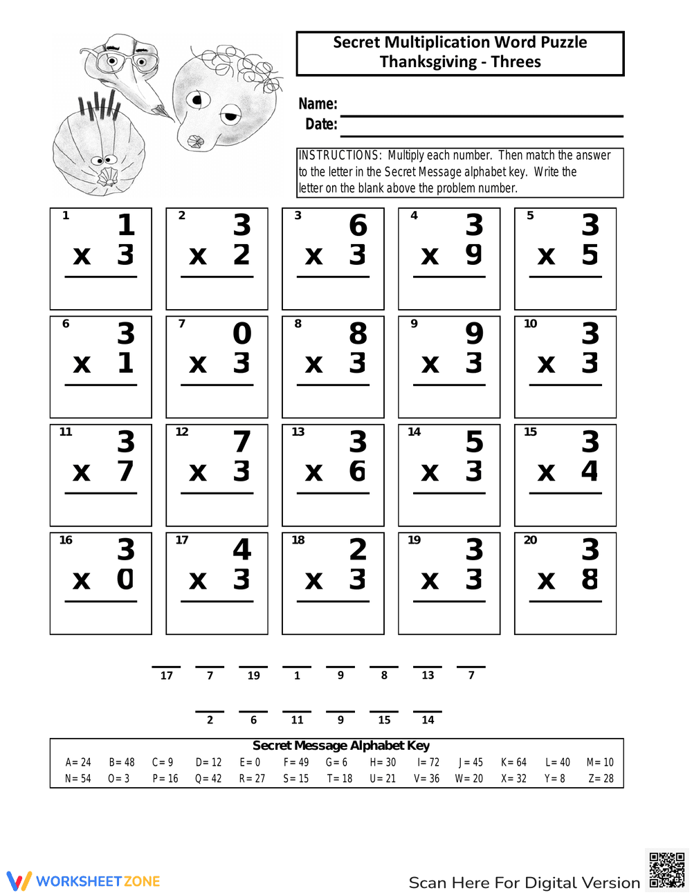 Challenging Thanksgiving Multiplication Word Puzzle - Page 1