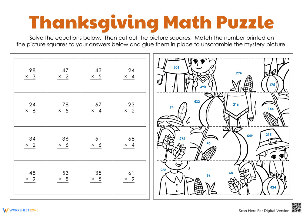 Thanksgiving Multiplication Puzzle | Essential Grade 4 Math - Page 1
