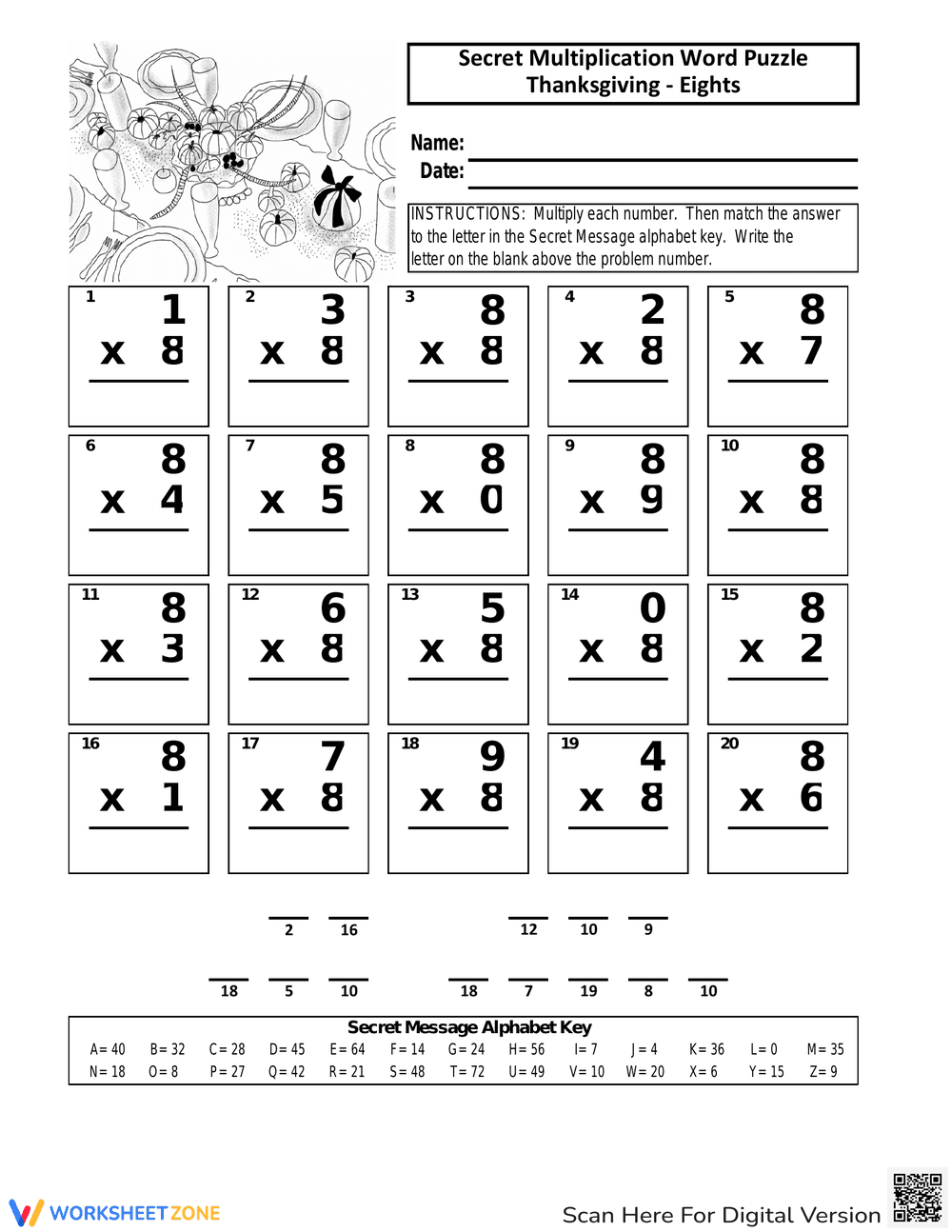 Solve the Thanksgiving Multiplication Word Puzzle - Page 1