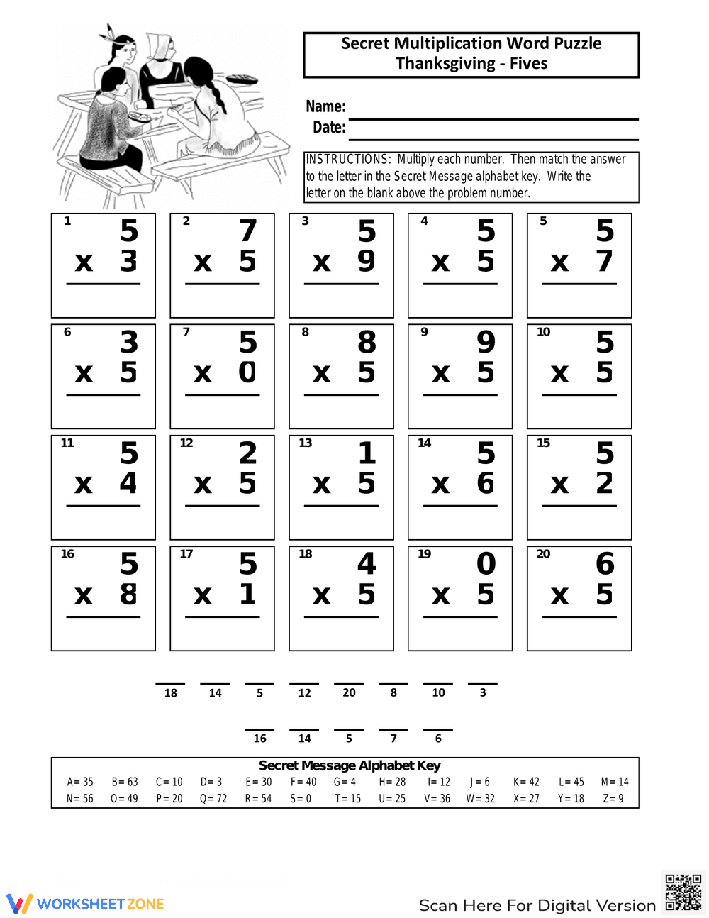 Solve Thanksgiving Multiplication Puzzle with Worksheet - Page 1