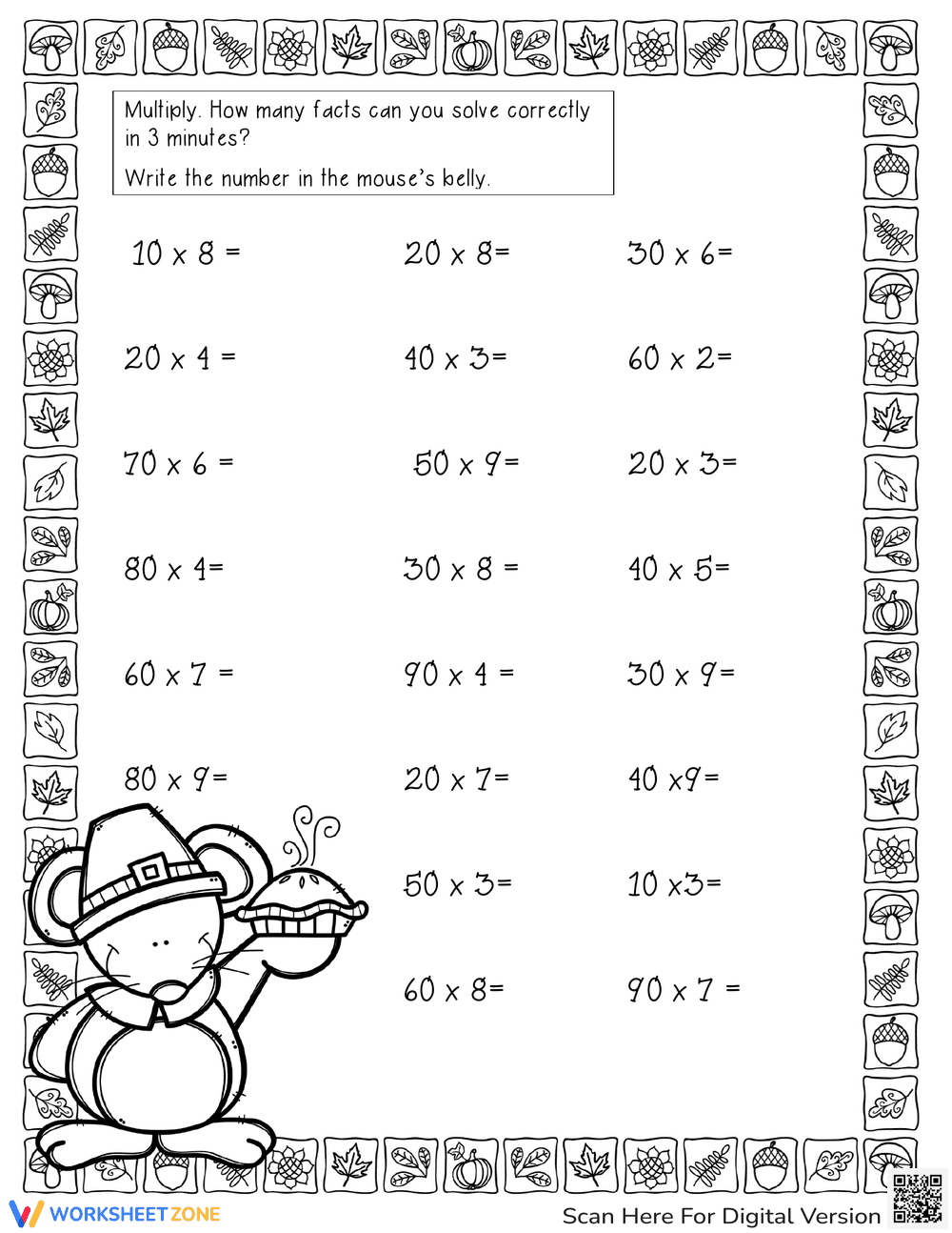 Practice Multiplication with Thanksgiving Worksheet - Page 1