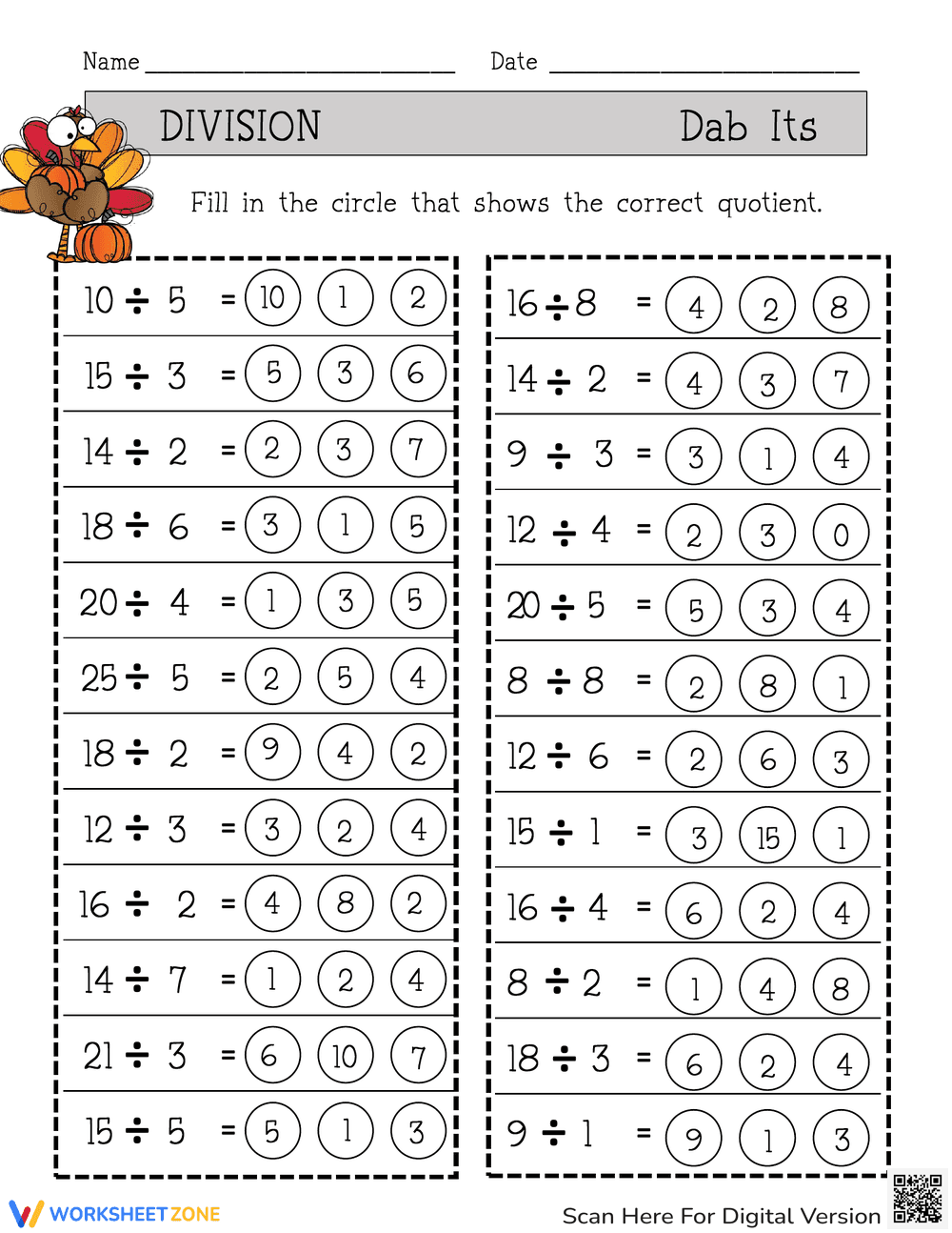 Thanksgiving Division Fact Practice | Essential Grade 3 - Page 1