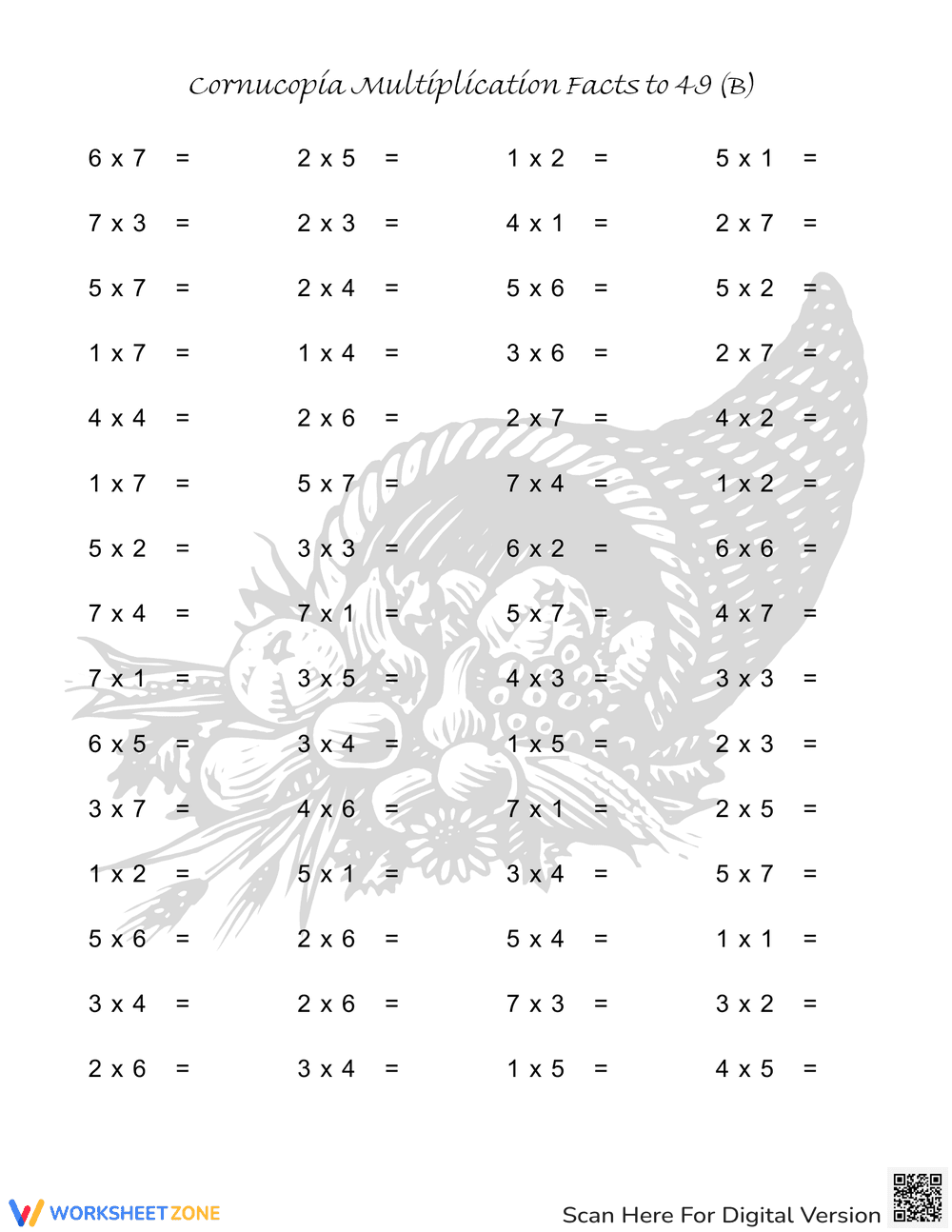 Practice Multiplication Facts to 49 with Cornucopia - Page 1