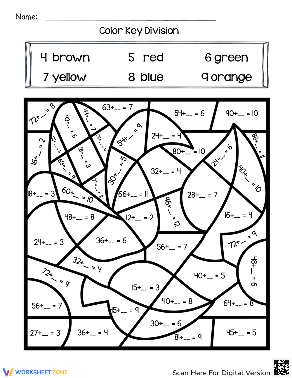 Thanksgiving Color by Key: Division Worksheet - Page 1
