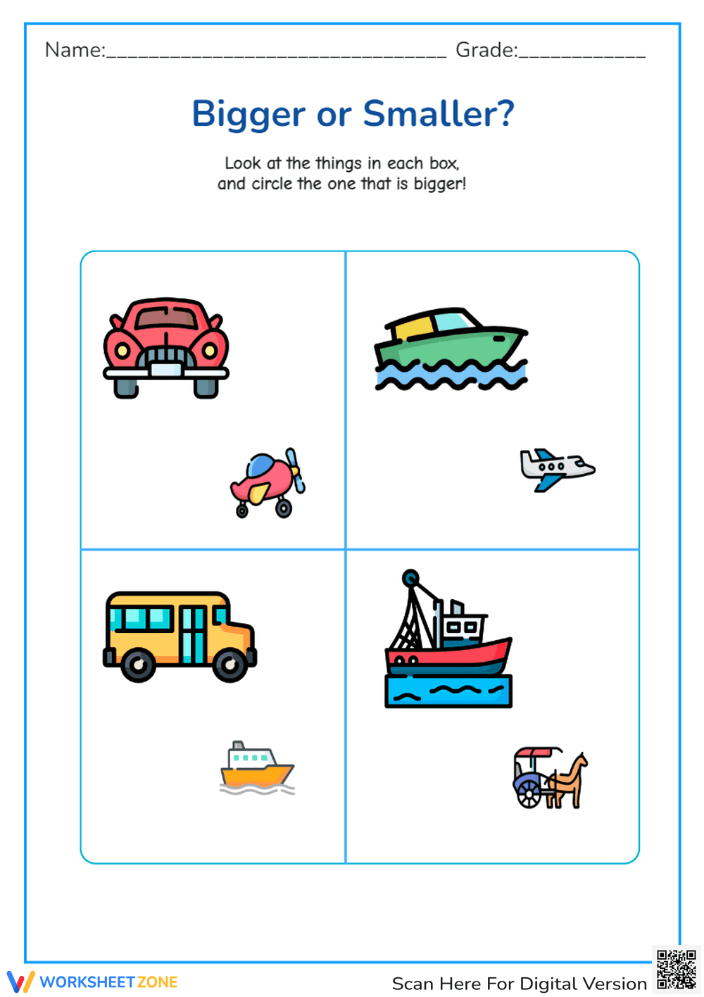 Bigger or Smaller Transportation Comparison Activity - Page 1
