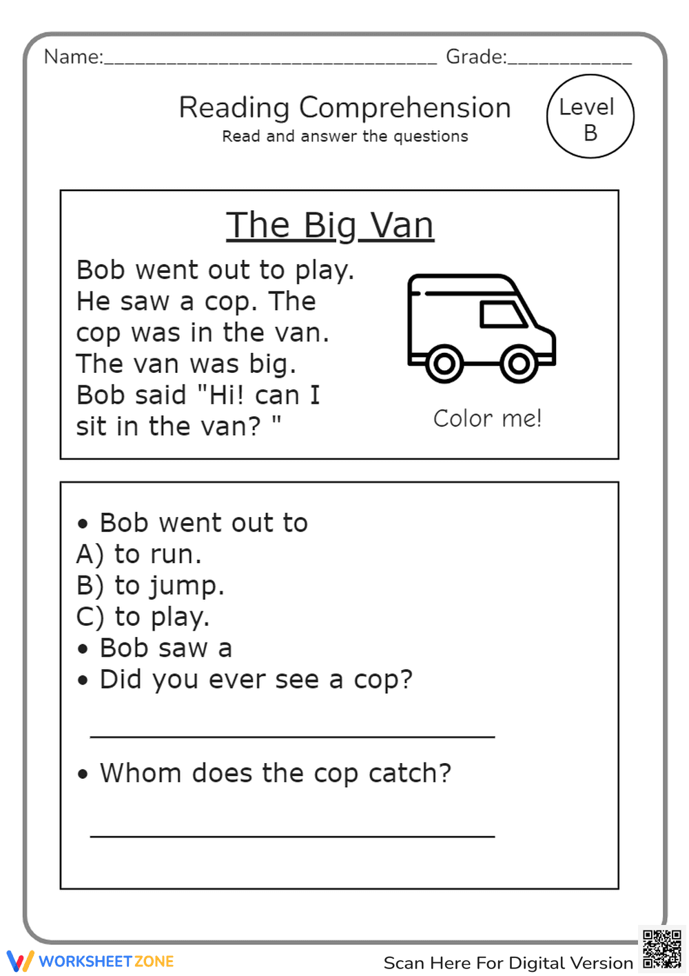 The Big Van' Reading Comprehension - Kindergarten/1st Grade - Page 1