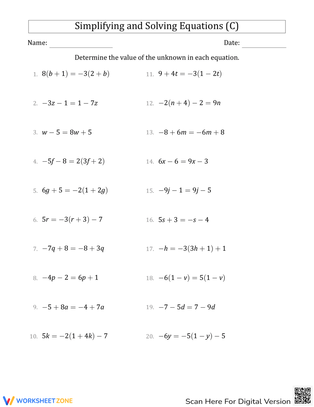 Simplify and Solve Algebraic Equations - Page 1