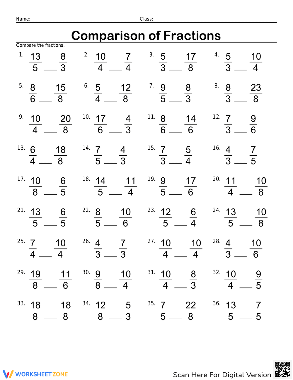 Comparing Improper Fractions Practice - Page 1