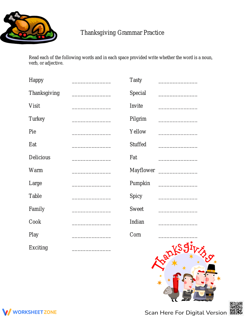 Thanksgiving Grammar Worksheet | Grade 3-5 Printable - Page 1
