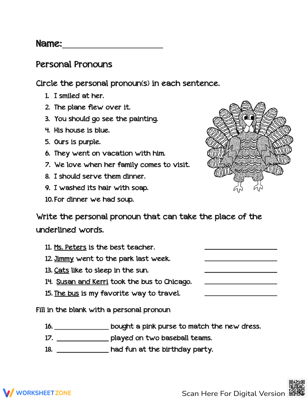 Thanksgiving Personal Pronoun Practice - Page 1