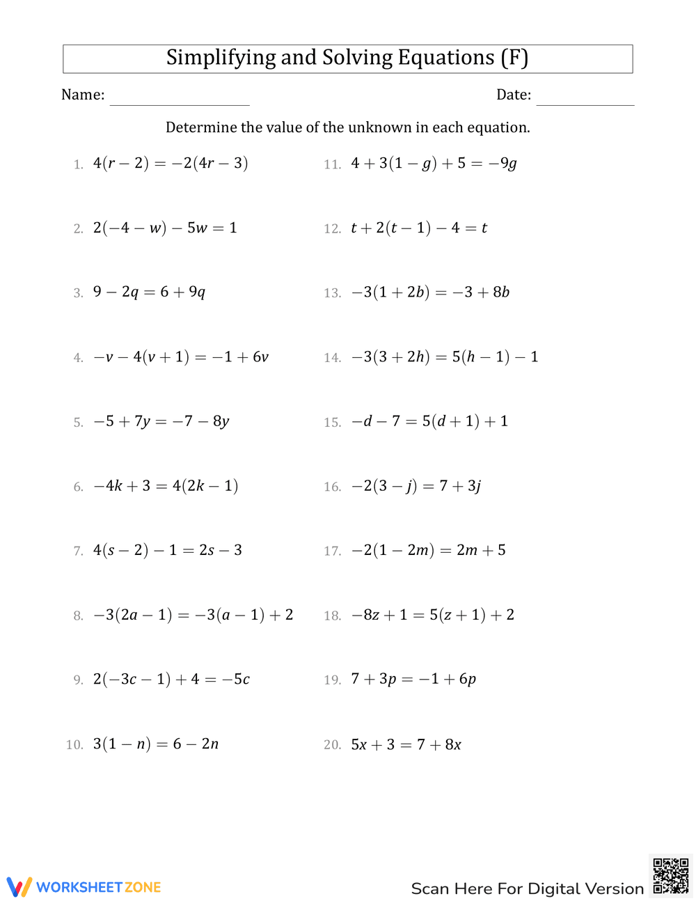 Simplifying and Solving Equations Practice - Page 1