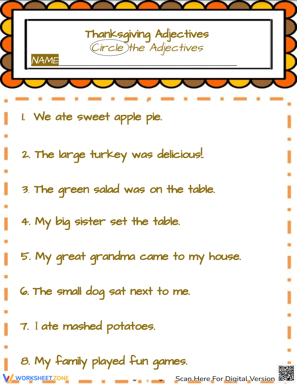 Thanksgiving Adjectives Worksheet | Grade 3 Printable - Page 1
