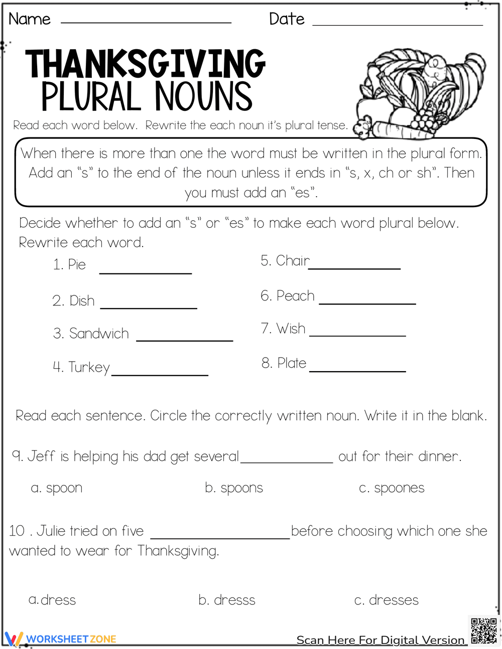 Thanksgiving Themed Plural Nouns Practice - Page 1
