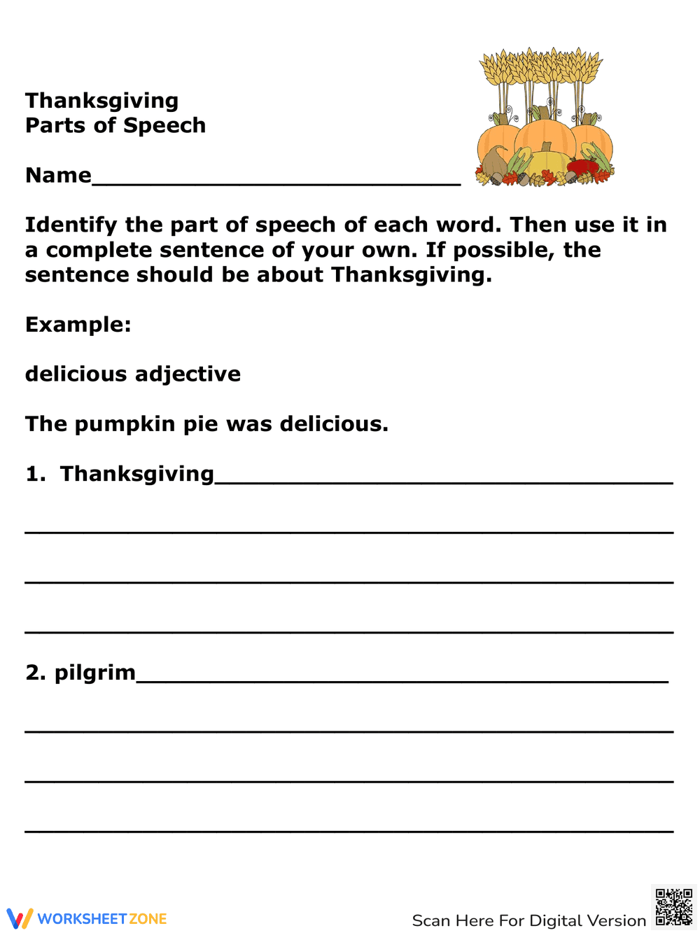 Thanksgiving Parts of Speech Worksheet | Essential Grade 3-6 - Page 1
