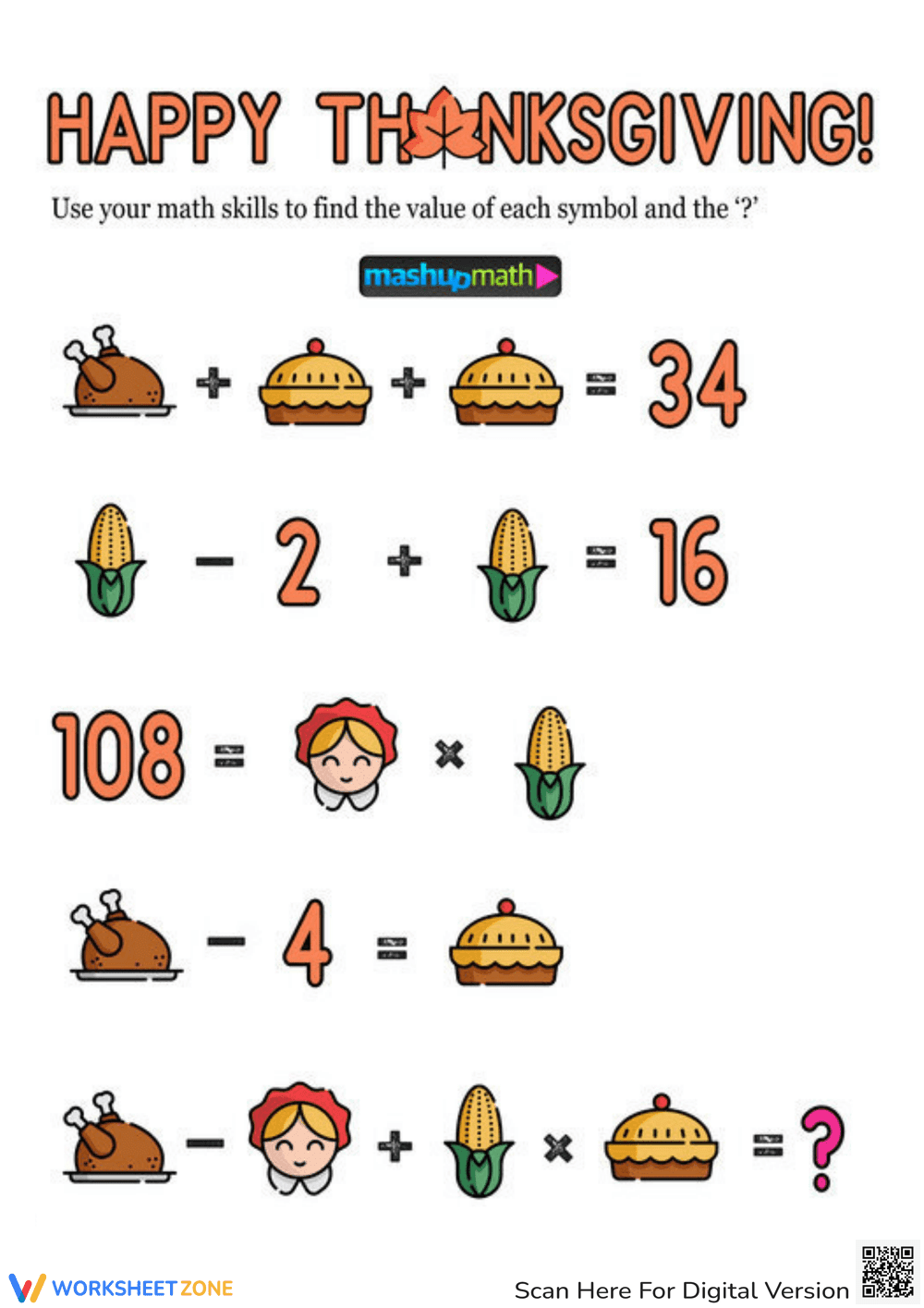 Happy Thanksgiving Algebra Practice Worksheet - Page 1