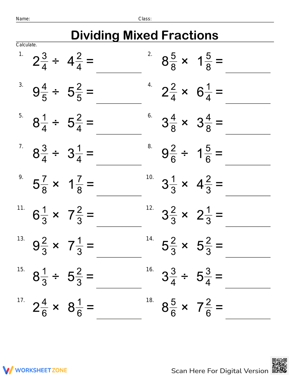 Division of Mixed Fractions Practice - Page 1