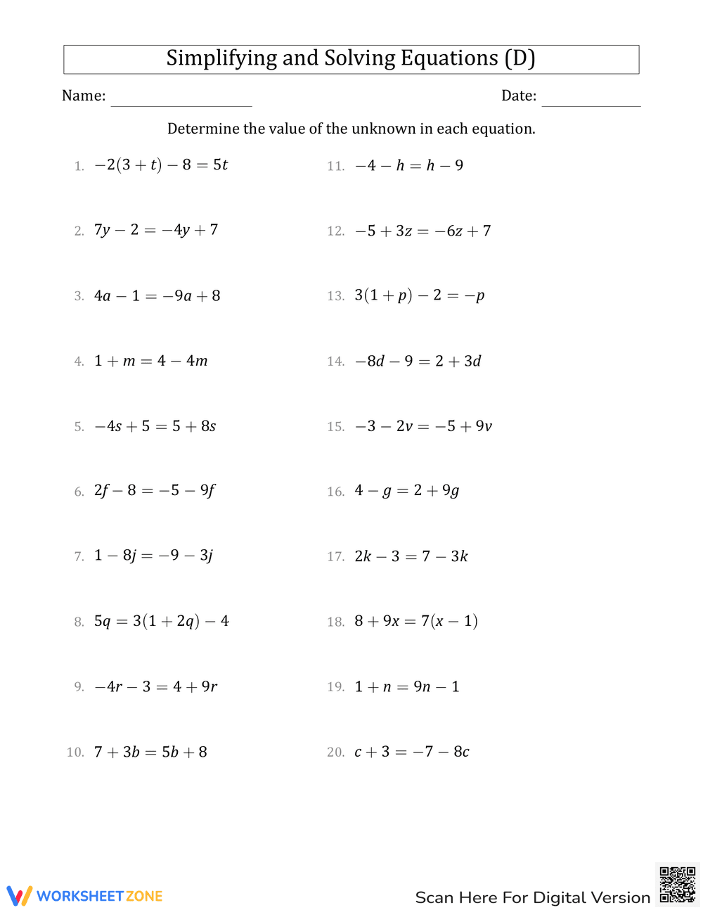 Worksheet for Simplifying Equations - Page 1