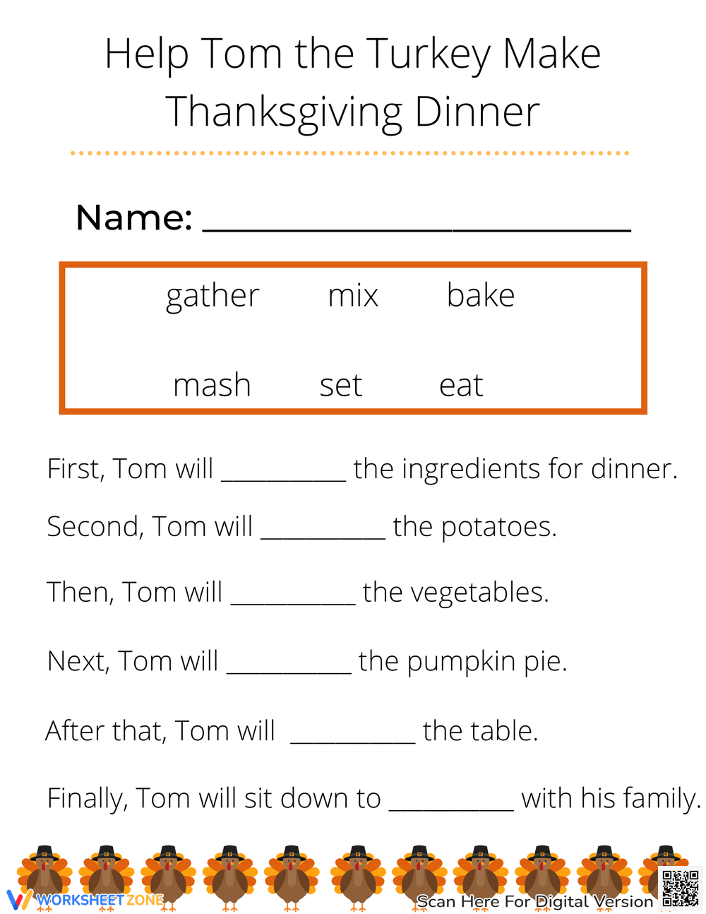 Thanksgiving Verb Worksheet | Grade 3 Printable - Page 1