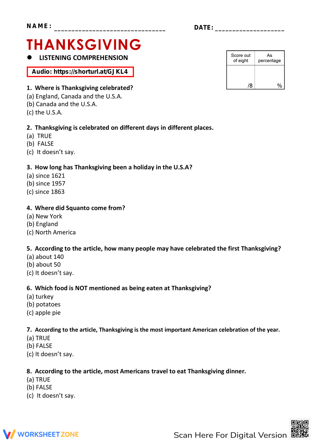 Thanksgiving Listening Practice | Grade 6-8 Essential - Page 1