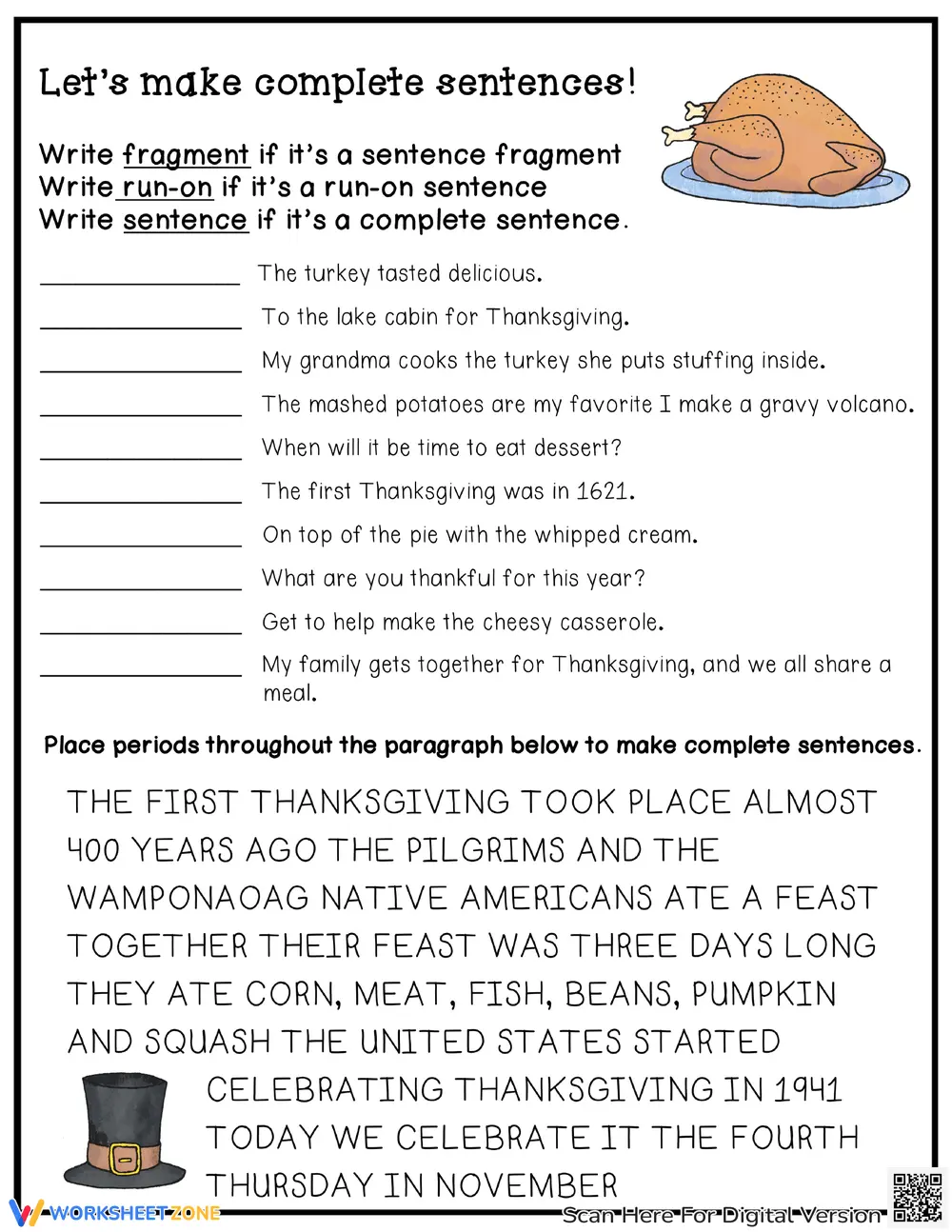 Essential Thanksgiving Sentence Writing Worksheet | Grade 4 - Page 1