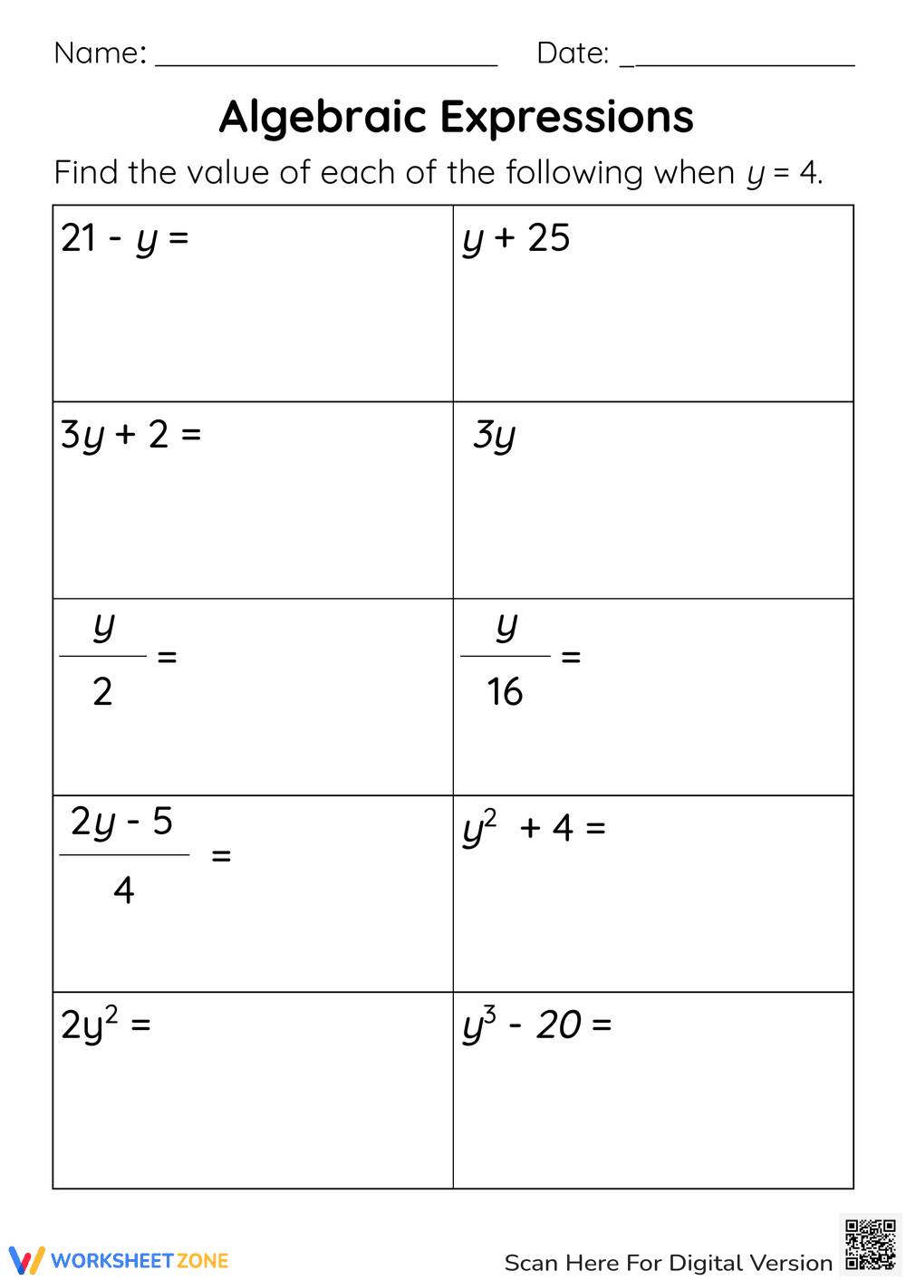 Worksheet for Understanding Algebraic Expressions - Page 1