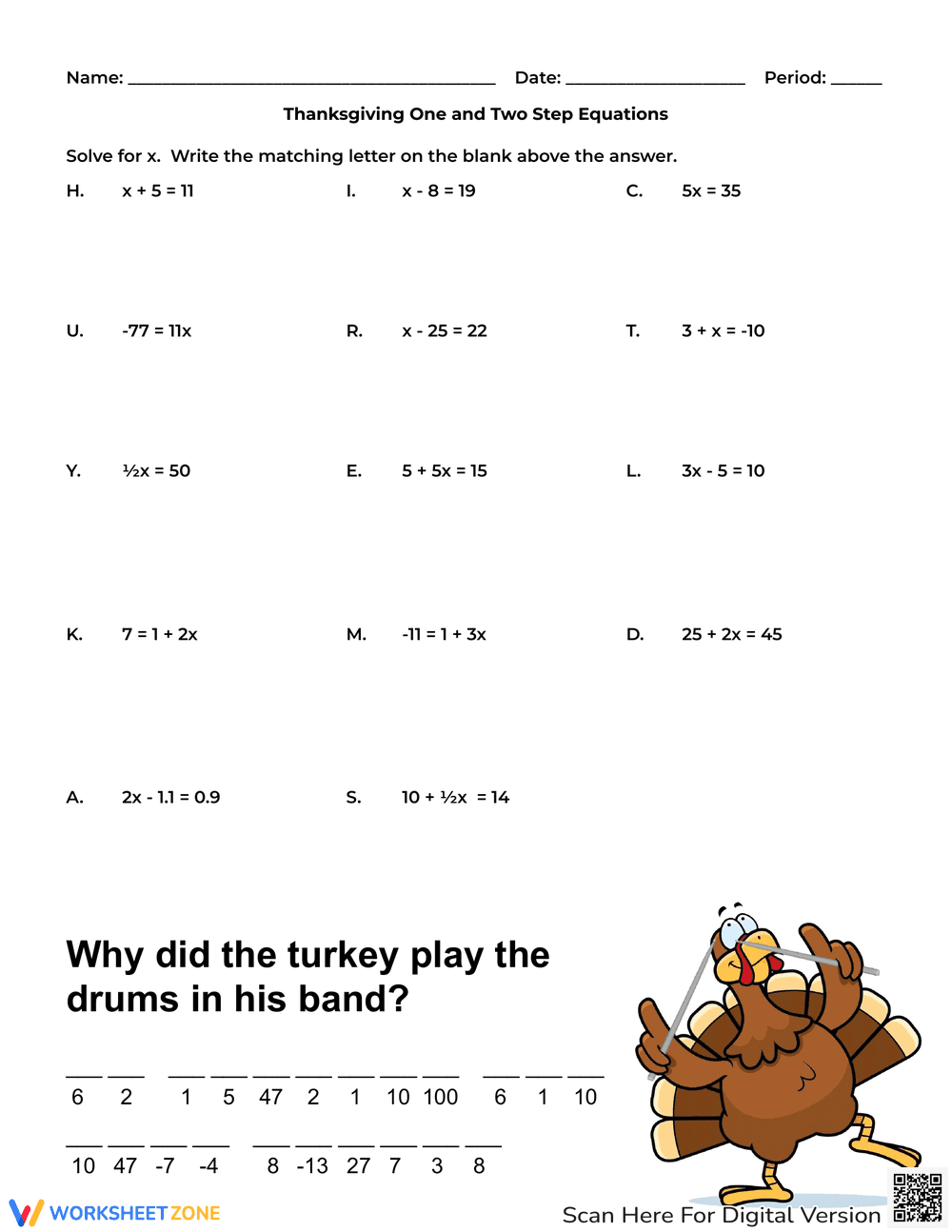 Thanksgiving One and Two Step Equations Worksheet - Page 1