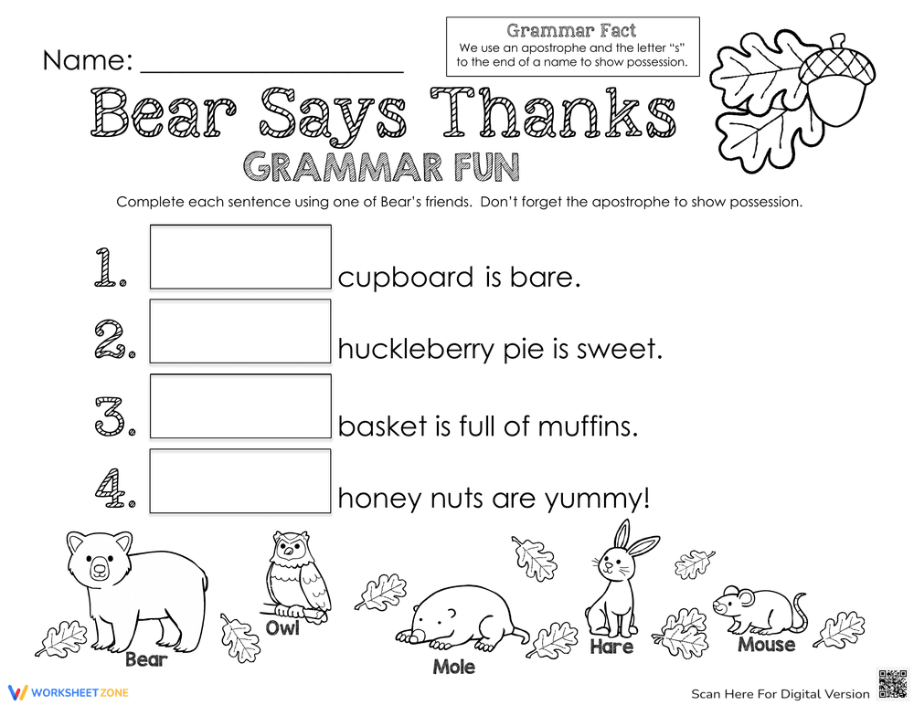 Bear Says Thanks Grammar: Essential Printable Worksheet - Page 1