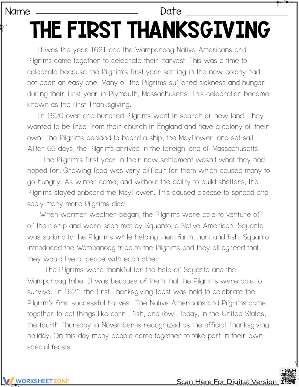 First Thanksgiving Reading Worksheet | Grade 4 Essential - Page 1