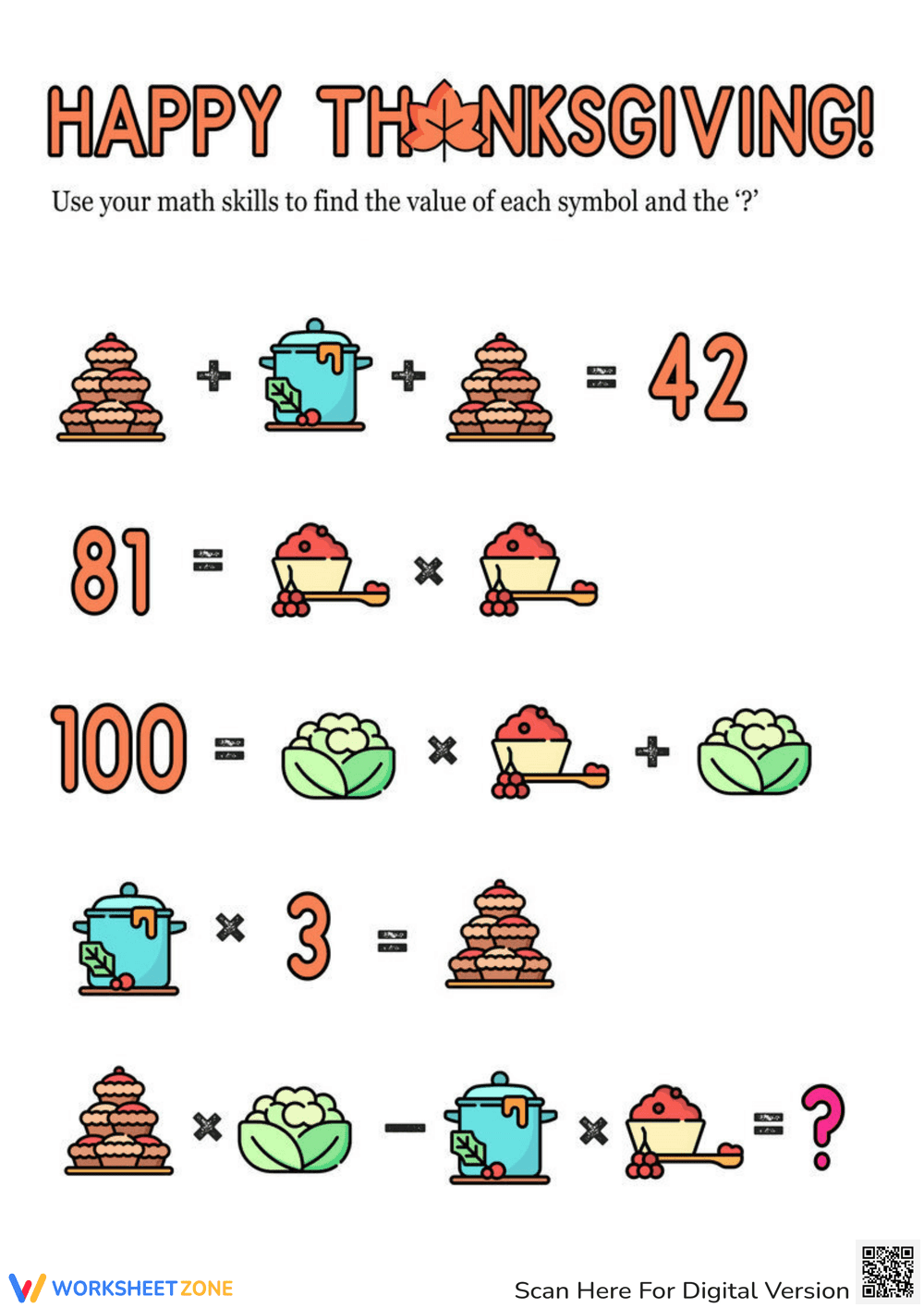 Happy Thanksgiving with Algebra Equations Worksheet - Page 1