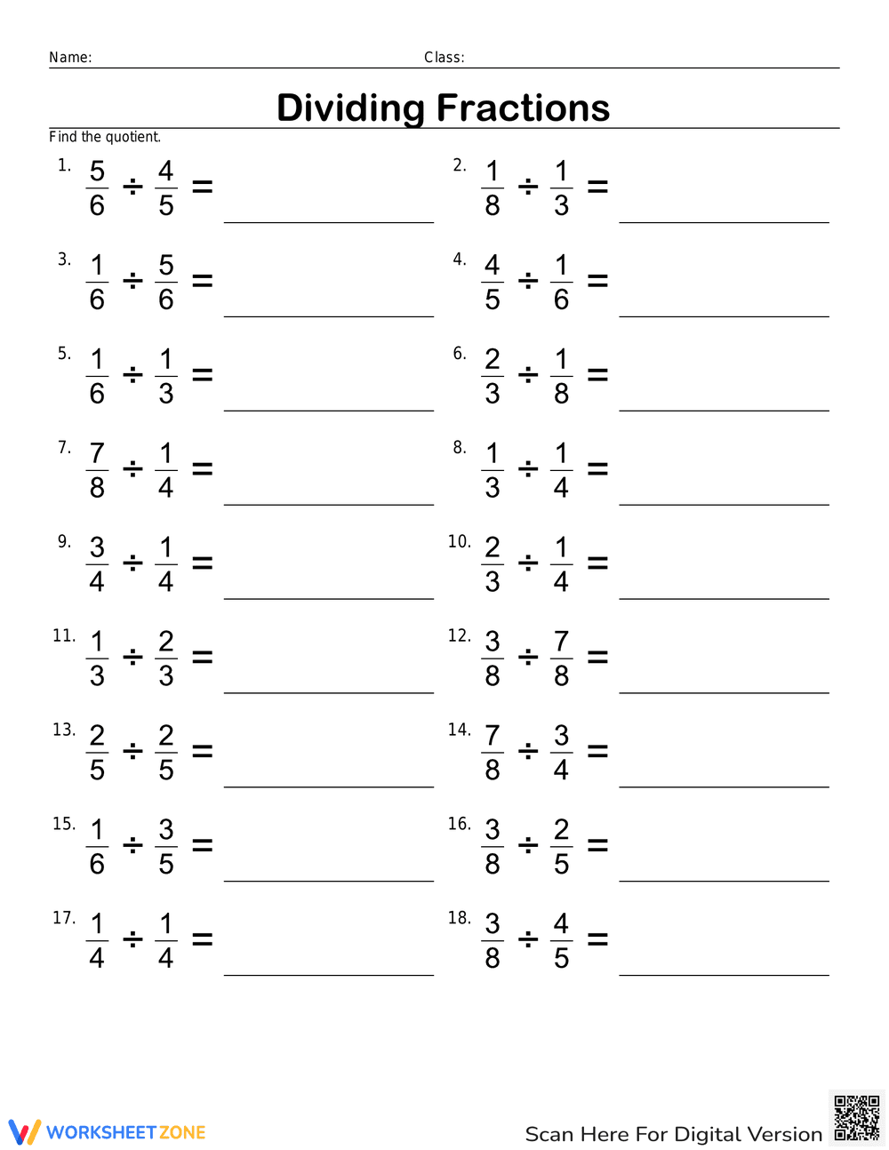 Worksheet for Dividing Fractions Practice - Page 1